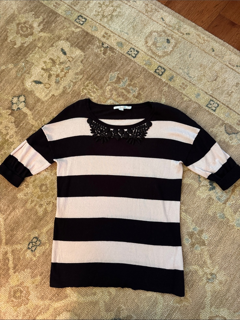 Boden Black and Cream Striped Sweater with Beaded Neckline size 6